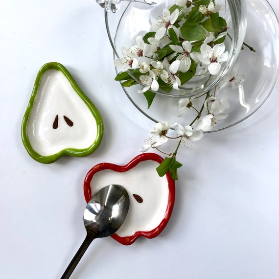 Pear & Apple Dishes, Set of 2 Ceramic Tea Spoon Rest, Rustic