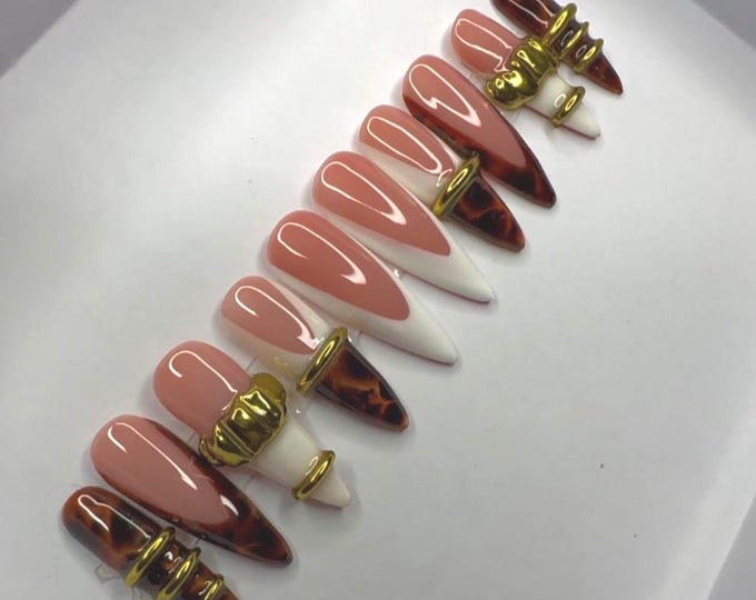 Cat eye Tortoise and French Tip Press On Nails