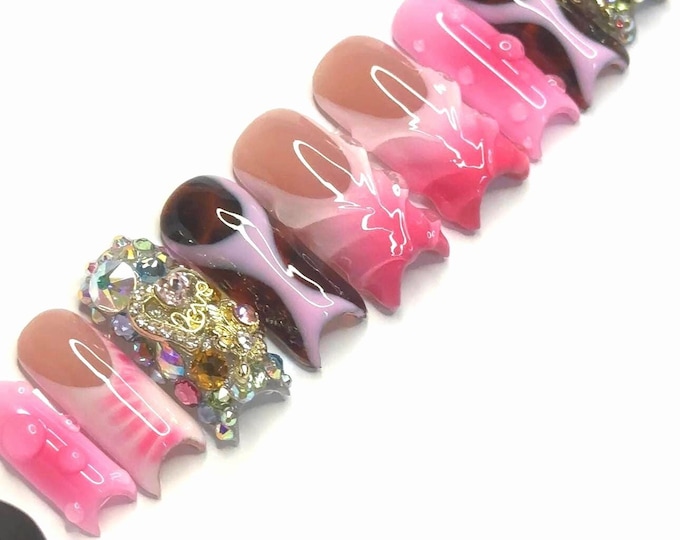 French Tip Airbrush Nail Design with Bling | Press On Nails