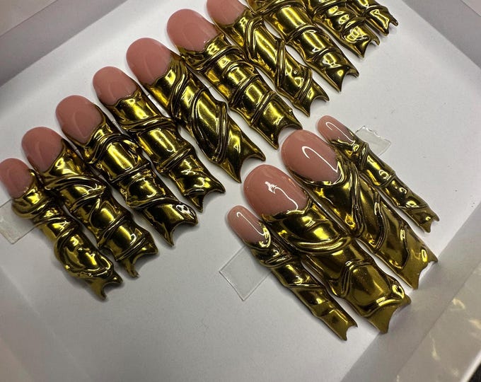 Golden French tip press on nails with 3d designs