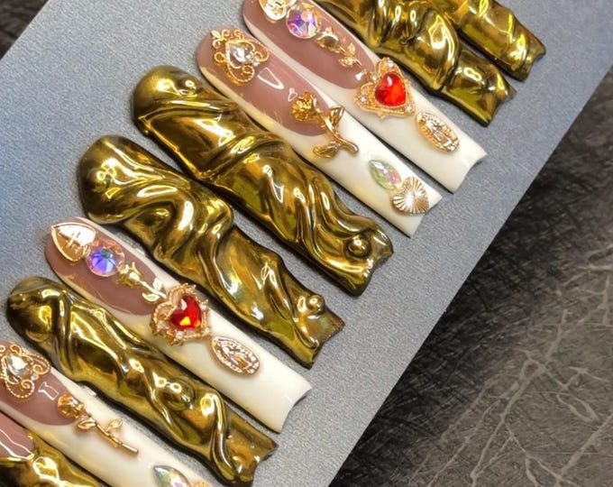 French tips, 3d Chrome Press on nails