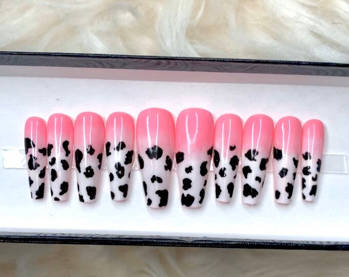 Mooo Babe| cow press on nails| ombré nails| cow print nails