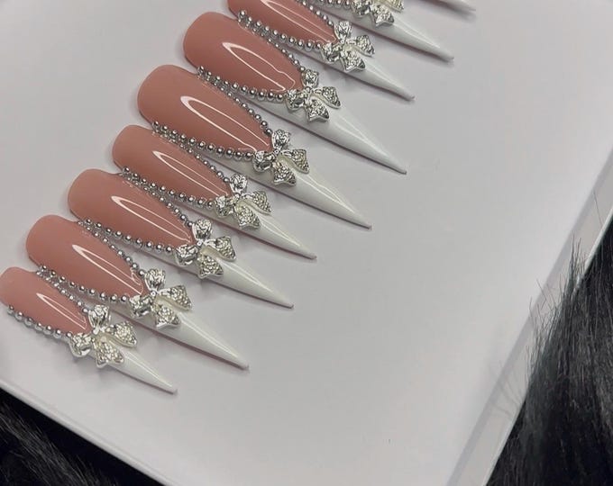 Bling French tip press on nails with bows