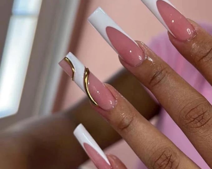 French tip and gold chrome Press On Nails