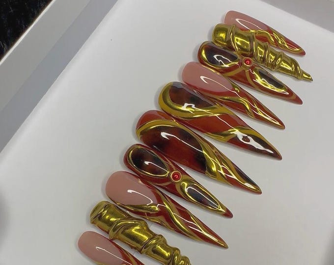 Tortoise shell and gold chrome press on nails