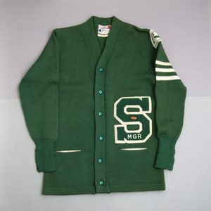 Vintage 50s Varsity Green Wool Cardigan 1950s Sweater