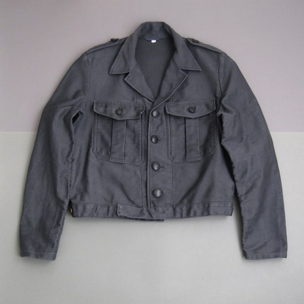 Vintage 60s French Grey Moleskin Cropped  Uniform Work Jacket 1960s Workwear