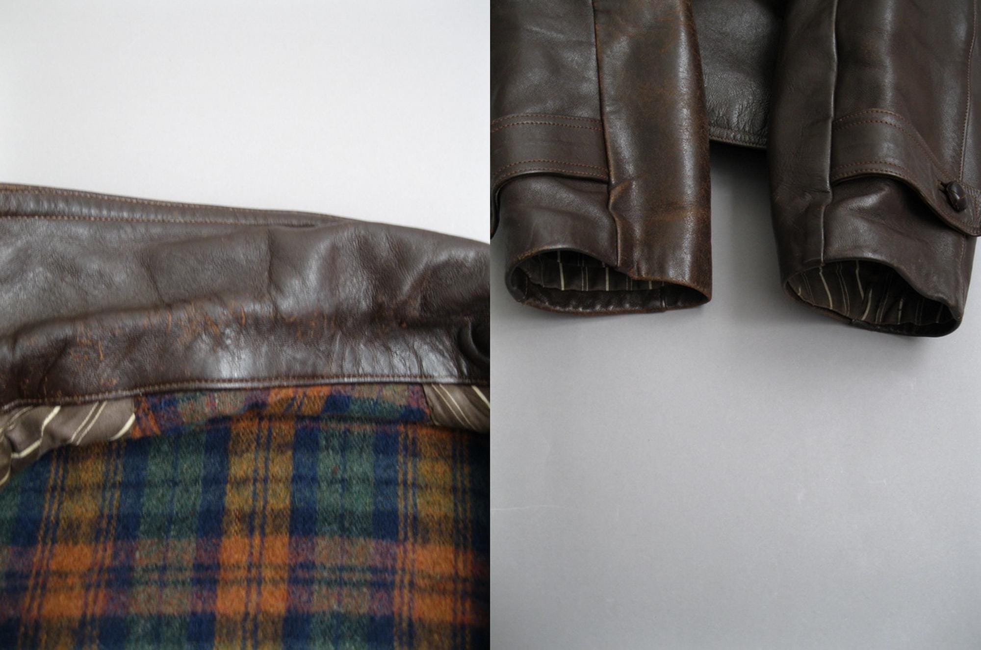 Vintage 50s French Double Breasted Brown Leather Jacket Plaid 