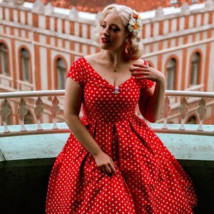 Lily Off-Shoulder 50's Polka Dot Swing Dress in Red/White