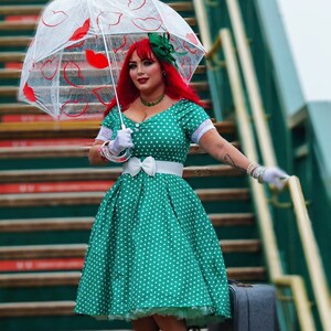 Lily Off Shoulder Green Polka Dot Swing Dress