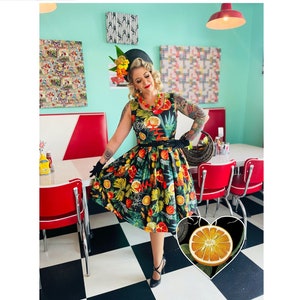 Amanda Black Tropical Fruits Print Pleated Dress