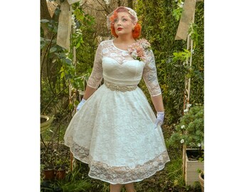 Vintage Retro 50s Ivory White Mesh Lace Bridal Mid Calf Dress With Long Sleeves