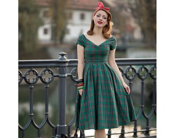 Lily Green Tartan Off Shoulder Swing Dress