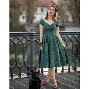 Lily Green Tartan Off Shoulder Swing Dress