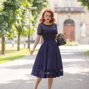 Formal Crochet Lace Embroidery Sleeved Dress in Navy Blue