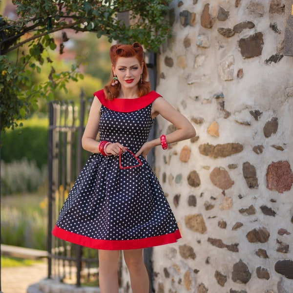 Cindy Retro Dress in Black Polka and Red