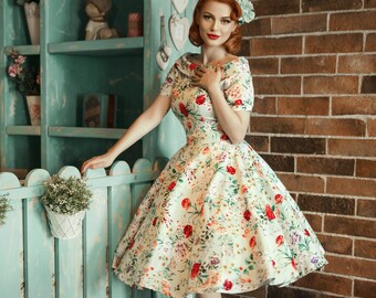 Darlene Floral Roses Swing Dress in Green