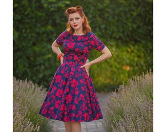 Vintage Inspired Floral Roses Cotton Swing Dress in Blue-Red