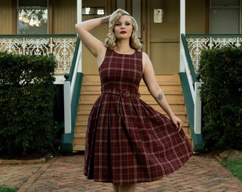 50s Style Winter Retro Burgundy Tartan Checkered Swing Dress UK