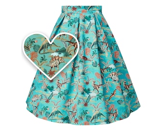 Fun 50s Box Pleat Flared Skirt in Dinosaur & Forest Print With Pockets