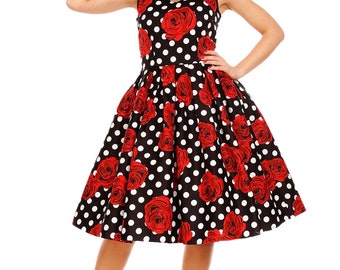 Elizabeth Vintage Style Polka Roses Party Dress in BlackRed