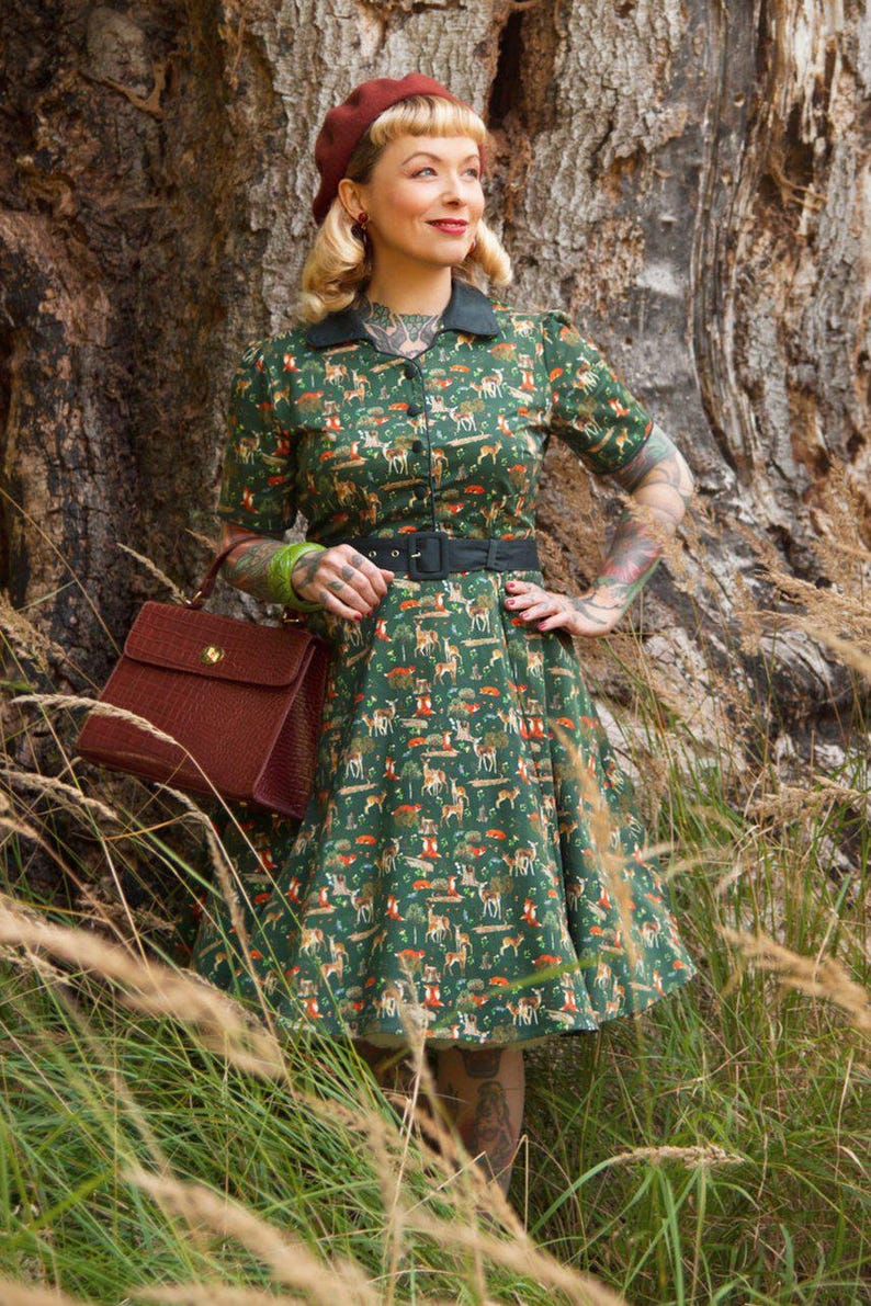 A model wearing a Dark Green Woodland Shirt Dress