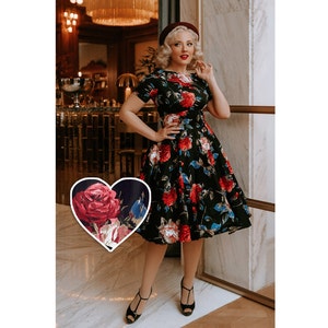 Darlene Retro Floral Roses Swing Dress in Black