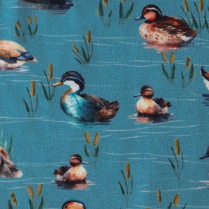 Close up View of Duck Print Long Sleeved Swing Dress in Blue