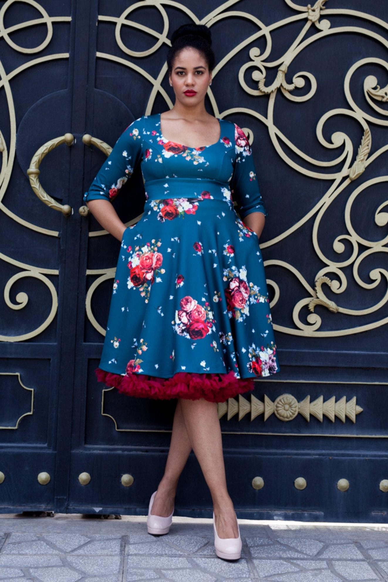 peacock blue dress with sleeves Peacock Blue Satin High Neck Prom Dress With Lace Appliques,WP029 –  winkbridal main image 0