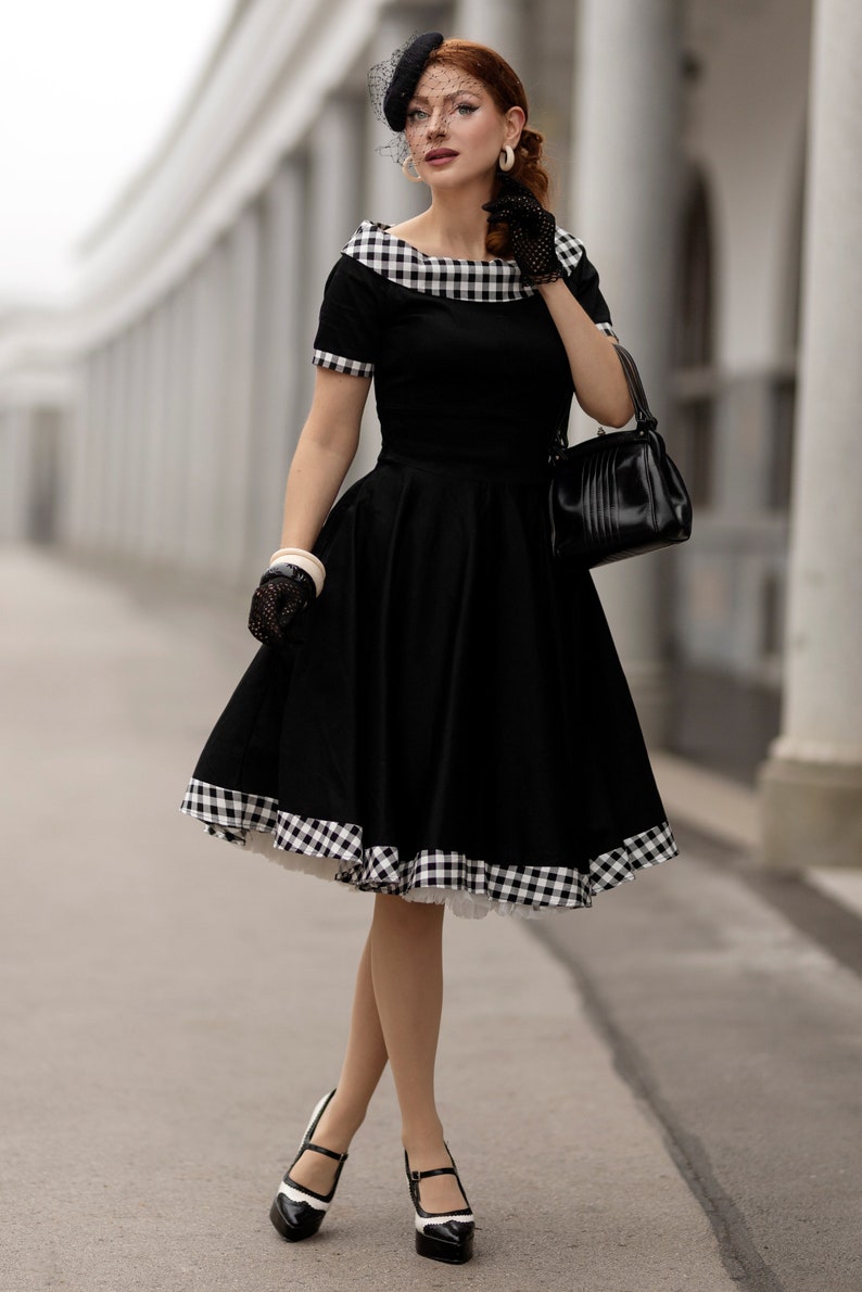 1950s Women’s Outfit Inspiration     Darlene Retro Swing Dress in Black and White Check  AT vintagedancer.com