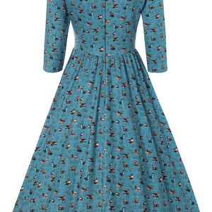 Back View of Duck Print Long Sleeved Swing Dress in Blue
