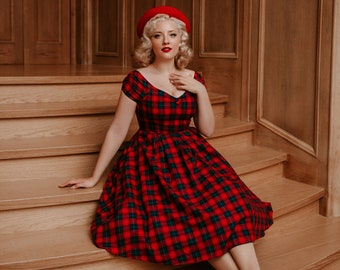 Lily Off Shoulder Swing Dress in Red Tartan