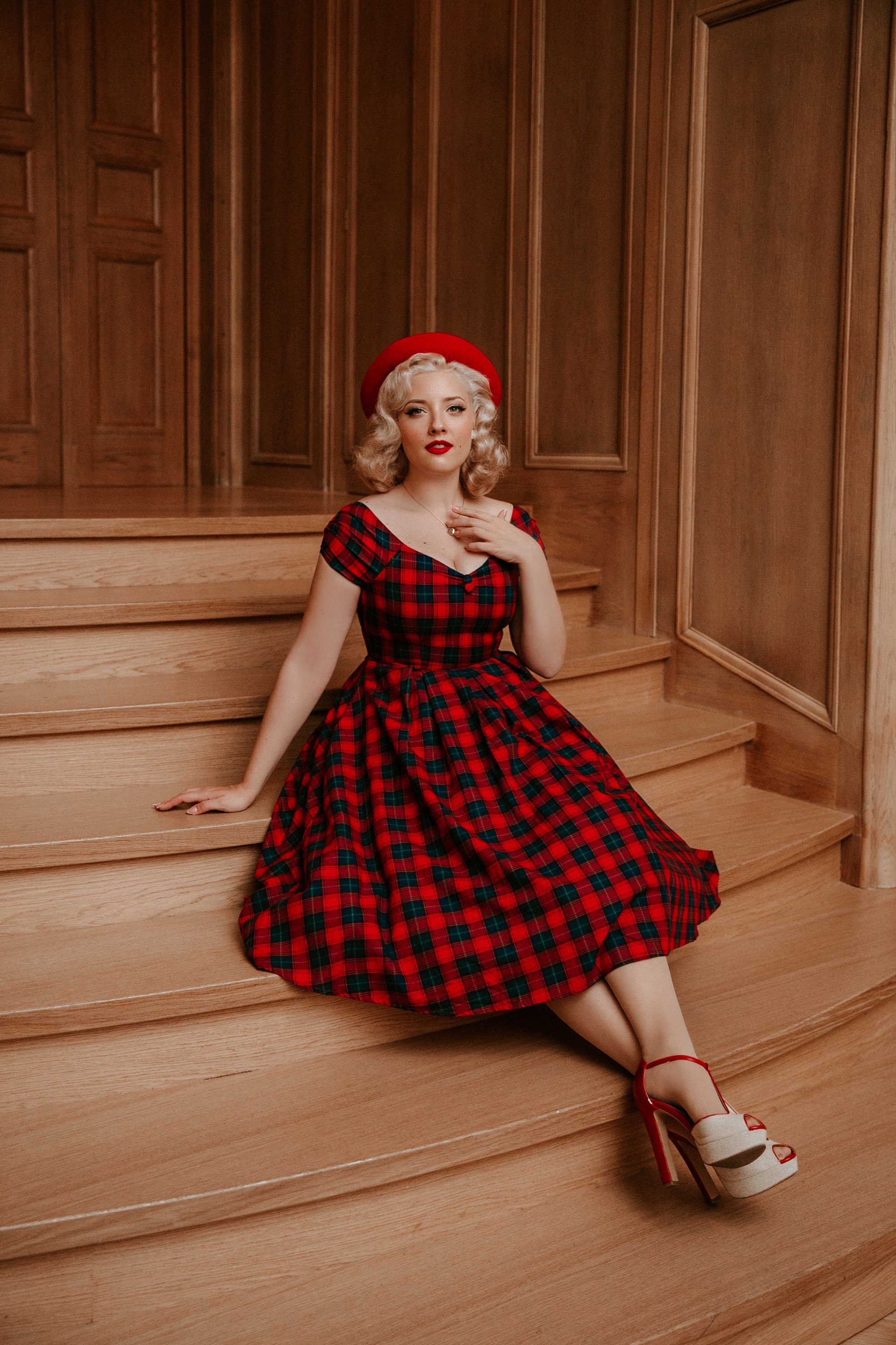 Lily off Shoulder Swing Dress in Red Tartan -  Canada
