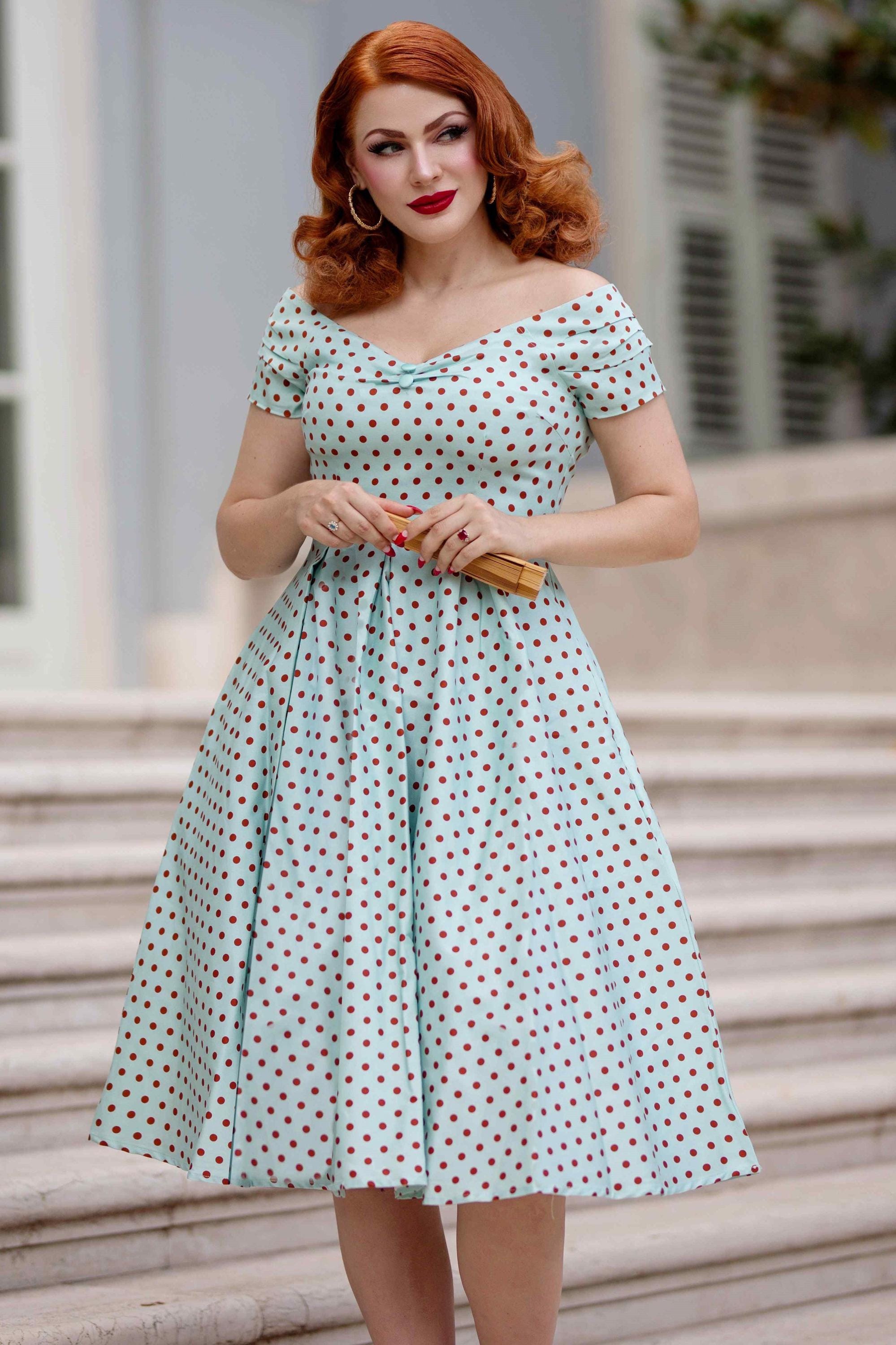 off the shoulder blue polka dot dress Lily Baby Blue Off-shoulder Dress With Red Polka Dots