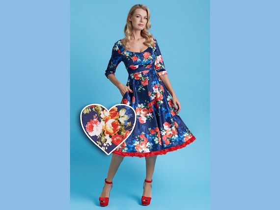 open lace back dress 20350 Navy Red Floral Dress US 12 main image 1