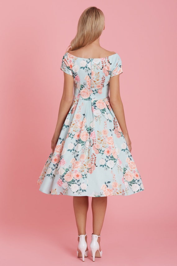 Lily 50s Style Floral off Shoulder Dress in Mint - Etsy Canada