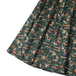 Close up View of Dark Green Shirt Dress In Forest Woodland Print