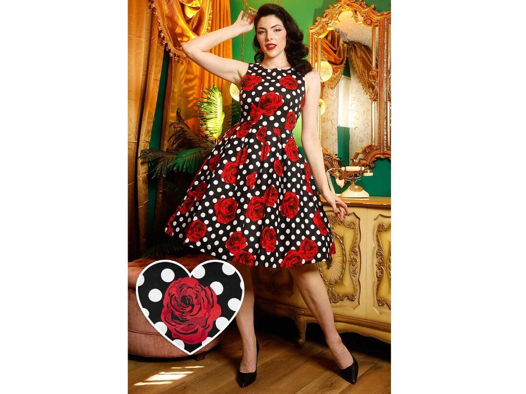 Annie Retro Swing Dress in Black/red Rose Spot Print - Etsy