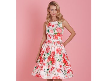 Summer White Red Floral & Bird Print Swing Dress With Pockets