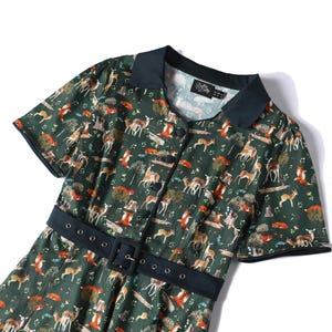 Close up View of Dark Green Shirt Dress In Forest Woodland Print