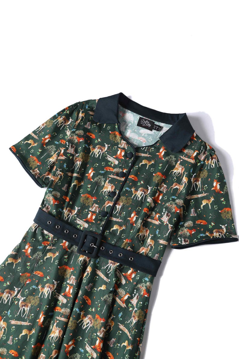 Close up View of Dark Green Shirt Dress In Forest Woodland Print