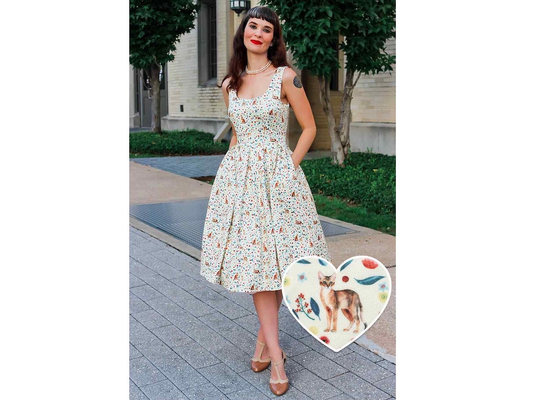 Amanda Ivory Cream Flared Dress in Cat Floral Print