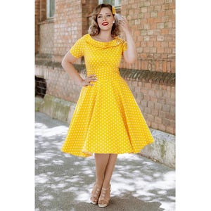 Summer Retro Cotton Yellow & White Polka Dot Swing Dress With Sleeves