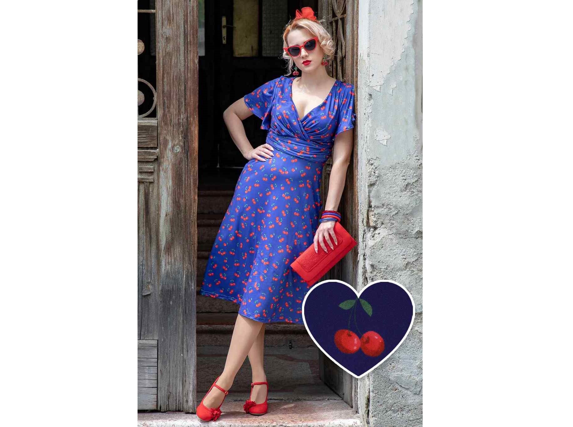 Donna Navy Blue Tea Dress in Cherry Fruit Print