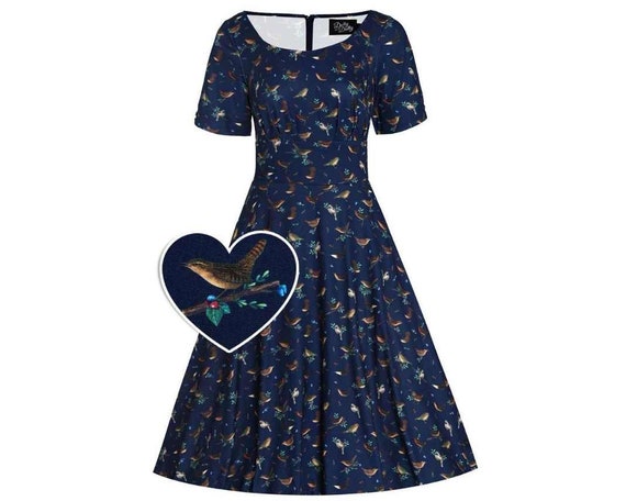 Brenda Navy Blue Bird Print Dress - Etsy Brenda Navy Blue Bird Print Dress - Etsy