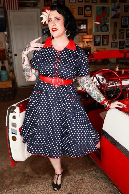 新品タグ付　Donoban flocky dot pants dress Chaps Women's Polka Dot Belted Sateen Wrap Dress,Navy-White