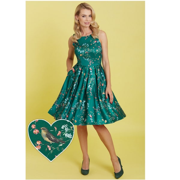 Dolly and Dotty's Forest Green Bird Print Dress