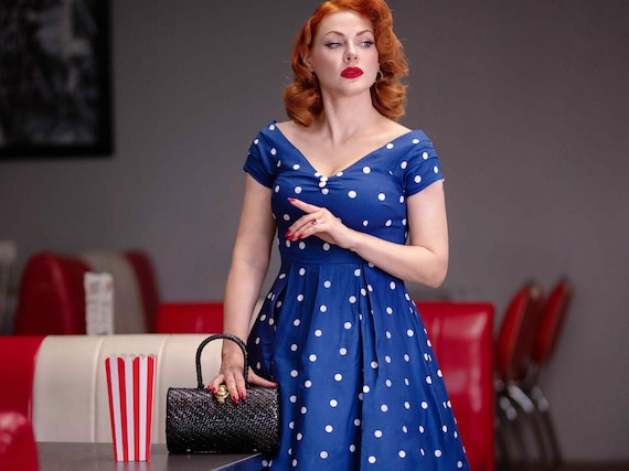 Cotton Blue Polka Dot off Shoulder Full Circle Sleeved Dress With Pockets Etsy