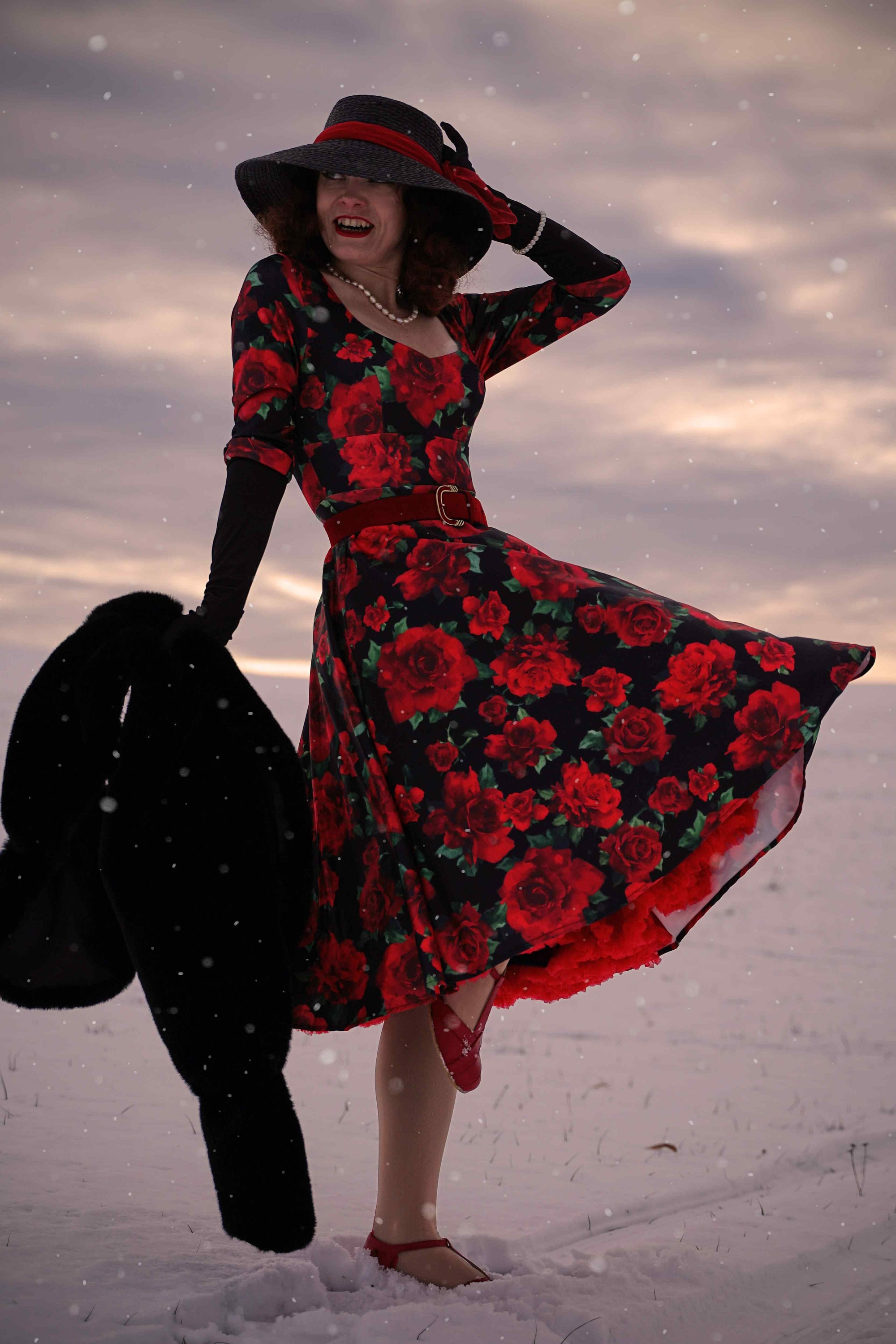 black dress with red roses prom LONG SLEEVES BLACK GOWN WITH DRAPPED RED ROSES | CULT MIA main image 1