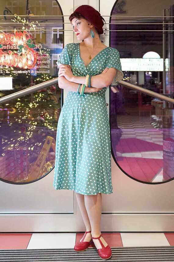 green emerald velvet dress Donna Crossover Bust Sage Green Polka Dot Dress main image 0